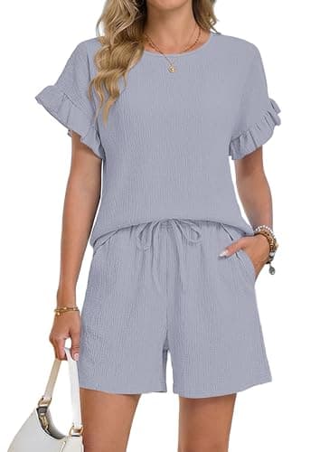 MOLERANI Lounge Sets Women Summer Two Piece 2026 Short Ruffle Sleeve Crew Neck Lightweight Matching Shorts Outfit Weekend Wear,Silver Gray,S - Image 1