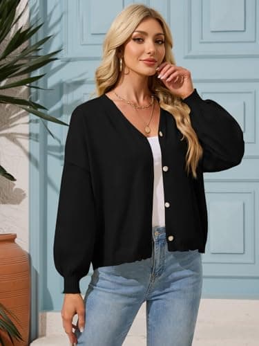 FireSwan Cardigan Sweater for Women Long Lantern Sleeve Oversized Knit Outfits Lightweight Trendy Spring Tops 2026 Black S - Thumbnail 3