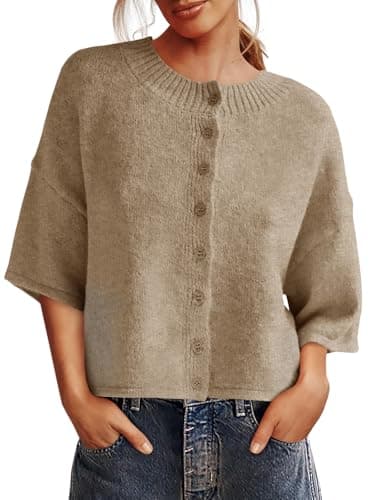 Saodimallsu Womens 3/4 Sleeve Cardigan Sweater Button Down Cropped Crewneck Cardigan 2025 Fall Casual Knit Tops Khaki - Image 1