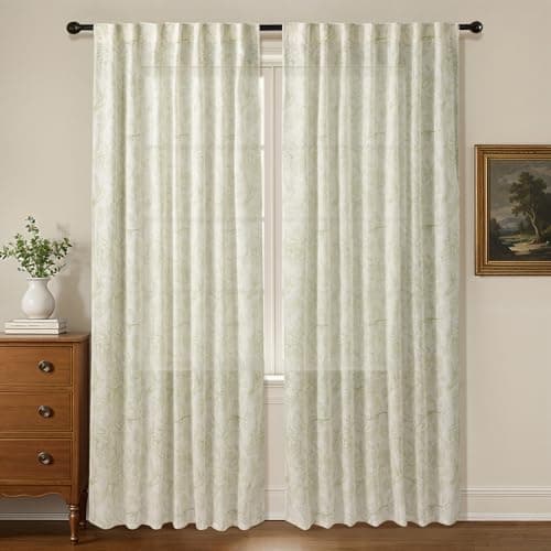Uqocnh Linen Floral Curtains 90 Inches Long 2 Panels, Flower Light Filtering Sage Green Printed Curtains for Living Room Bedroom, Semi Sheer Curtain Set Print Floral Drapes, 2 Panels