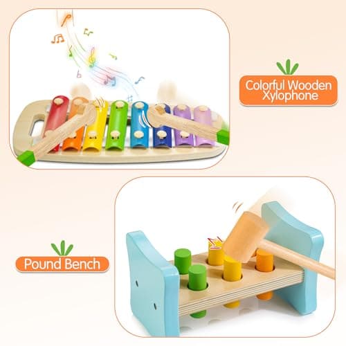 WOODMAM Wooden Montessori Toys for 1+ Year Old, 9 in 1 Learning Educational Toys for Toddler with Educational Box, Xylophone, Pound Bench, Shape Puzzle and More, Baby Toy Gift for 13-18 Months - Thumbnail 5