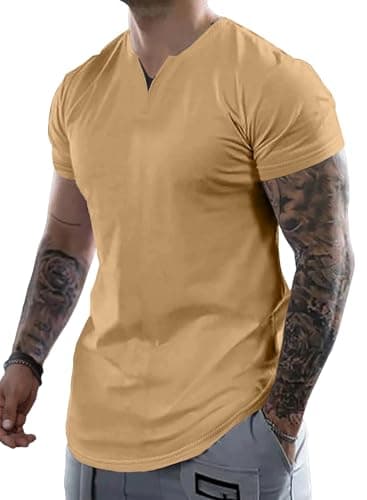 JMIERR Muscle Shirts Slim T Shirt V-Neck Henley Beige Shirt Short Sleeve Gym Workout Athletic Tees Shirts, US 38(S) - Image 1