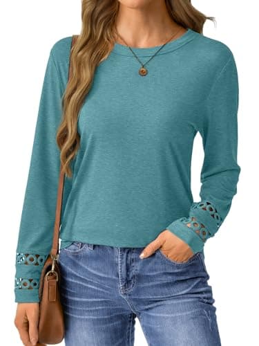 GKBK Womens Long Sleeve Tops Business Dressy Casual Blouses Crewneck Loose Fit Lightweight T Shirts Cute Work Tee Ladies Tunic 2025 Fall Winter Fashion Clothes Trendy Outfits Cyan S - Thumbnail 5