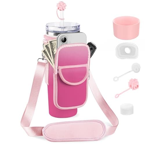 BOCMTR Water Bottle Holder with Strap for Stanley 30/40 oz Tumbler, Fashion Stanley Cup Bag with Big Phone Pocket, Silicone Boot, Straw Cover & Leak Proof Stoppers (Gradient Pink) - Image 1