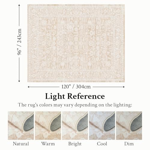 RUGVIGO Beige 8x10 Area Rugs for Living Room, Floral Vintage Washable Rug for Bedroom, Distressed Neutral Non Slip Soft Print Floor Carpet for Dining Room Nursery Home Office - Thumbnail 2