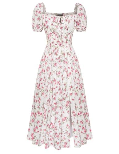 Scarlet Darkness Women's Floral Corset Dress with Split 2026 Summer Spring Square Neck Midi Milkmaid Dresses White Pink Floral XL - Image 1