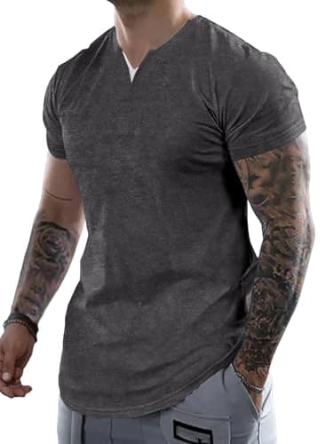 JMIERR Men's Muscle Slim Fit T-Shirt V Neck Longline Henley Shirt Gym Workout Classic Tees Shirts for Men, L, Dark Grey - Image 1