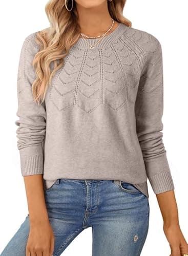 SHEWIN Sweaters for Women Crew Neck Womens Fall Tops Casual Pullover Hollow Out Sweater Lightweight Women's Sweaters Fall Clothes for Women, Gray Morn, 2XL - Image 1