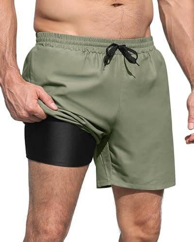 RQP Mens Swim Trunks with Compression Liner 6 Inch Quick Dry Mens Bathing Suit with Zipper Pockets,Army Green - Image 1