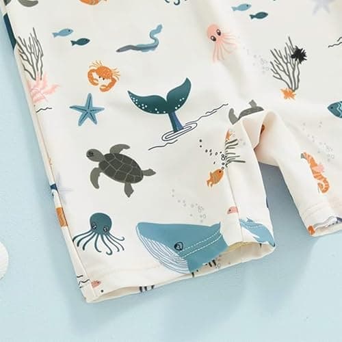 WYTbaby Baby Rash Guard Swimsuit Boy Girl with Sun Hat Infant Short Sleeve One Piece Zipper Sunsuit Toddler Quick Dry Swimwear 3-6 Months Beige - Thumbnail 2