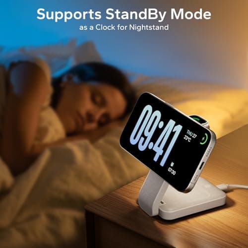 Eazpower 3 in 1 Foldable Wireless Travel Charging Station for MagSafe, Nightstand Magnetic Charger Stand for iPhone 17 16 15 14 Pro Max, Charging Dock with Night Light for Apple Watch/AirPods (White) - Thumbnail 6