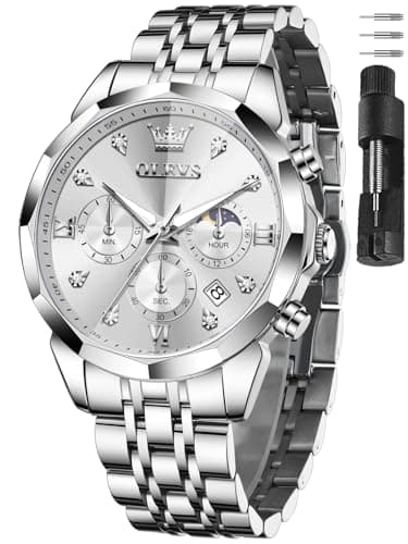OLEVS Silver Watches for Men Stainless Steel Luxury Mens Silver Watch with Date Large Face Chronograph Dress Waterproof Nice Moon Phase Relojes para Hombres