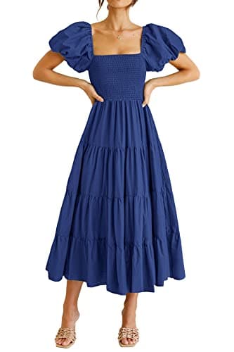PRETTYGARDEN Women's Casual Summer Midi Dress Puffy Short Sleeve Square Neck Smocked Tiered Ruffle Dresses (Blue,X-Large) - Image 1