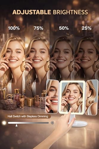 Lighted Makeup Vanity Mirror, Height Adjustable Trifold Mirror with Seamless Light Strip, 1X/2X/3X/10X Magnification, 2000mAh Rechargeable Desk Mirror, Dimmable 3 Color Lighting, Gifts for Mom Women - Thumbnail 4
