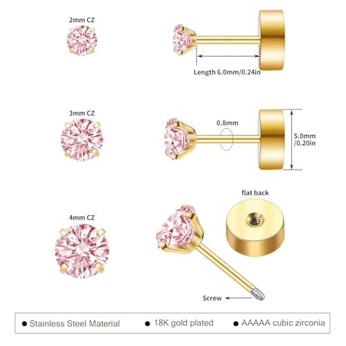 Handmade Tiny Flat Back Stud Earrings: 3 Pairs 14K Gold Plated Screw Flatback 2 3 4mm Cubic Zirconia Earrings Cartilage Piercing Jewelry for Women Helix Tragus Earlobe, Metal, Cubic Zirconia - Thumbnail 4