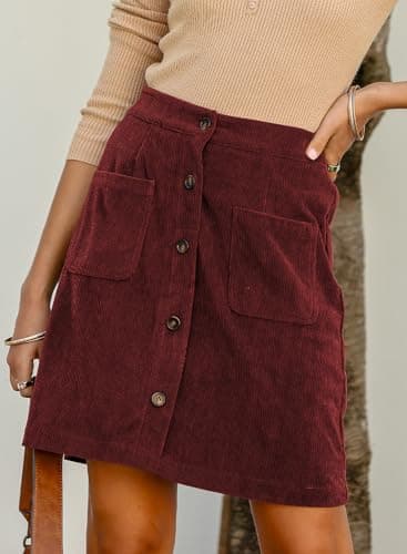 Happy Sailed Fall Winter Mini Skirts for Women Classic High Waisted A Line Button Down Bodycon Corduroy Skirt for Cocktail Party with Pockets 2025 Burgundy Medium - Thumbnail 2