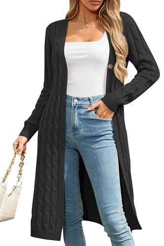 Cakulo Womens Long Cardigans Cable Knit Chunky Cardigan Sweaters Open Front Fall Winter Fashion Outfits Coats 2025 Black L - Image 1