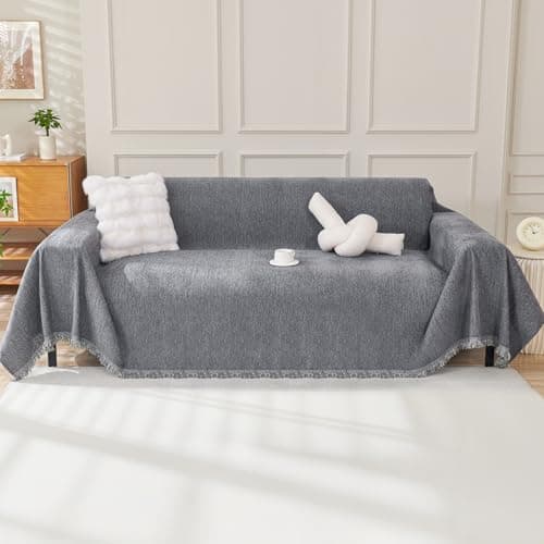 OstepDecor Chenille Couch Cover, Dark Grey Sofa Covers Washable, Sectional Couch Covers for Sofa L Shape, Couch Blanket Cover, Non-Slip Sofa Slipcovers for Dogs, Pets, 91" x 150" - Image 1