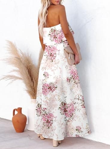 Dokotoo Women Floral Print Maxi Dress Strapless High Waist Side Split Beach Vacation Clothes Flowy Off The Shoulder Beach Dresses Casual Spring Dresses for Women 2026 - Thumbnail 4