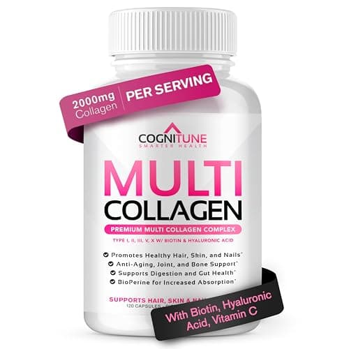 Multi Collagen for Women with Hyaluronic Acid, Vitamin C and Biotin, Collagen Protein Supplement with Types I, II, III, V, X Peptides for Healthy Hair, Skin, Nails and Joints, 120 Capsules - Image 1