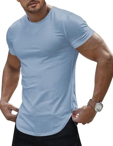 JMIERR Mens Short Sleeve Hip Hop T Shirt Muscle Slim Fitted Crewneck Longline Tees Shirts Gym Shirt, L, Blue - Image 1