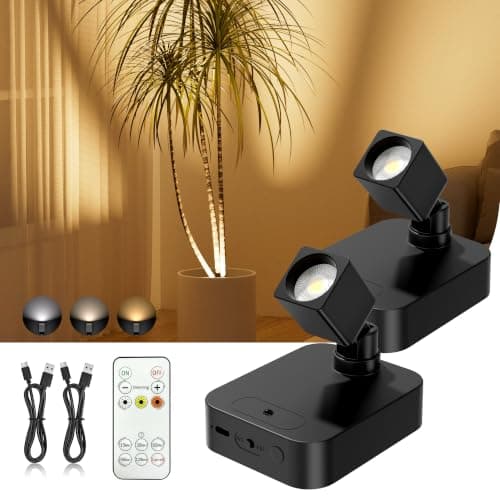Diomart Spotlights Indoor with Remote, 4000mAh Rechargeable Battery Spotlight Indoor, Wireless Uplighting with 3 Colors & Dimmable, LED Picture Light for Painting, Artwork Accent Lighting(2 Pack)