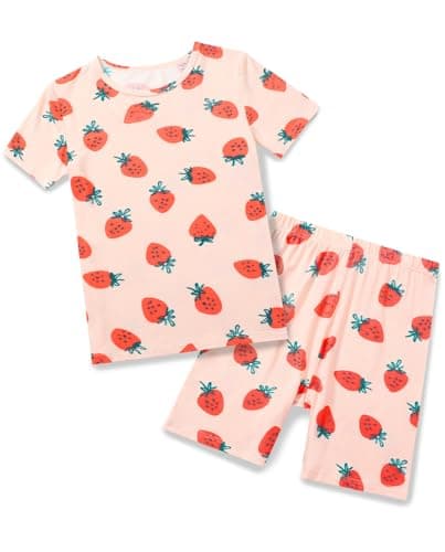 babee Reshinee Bamboo Viscose Toddler Strawberry Girls Kids Pajamas Short Sleeve Summer Cool Snug fit Pjs 4-5Y 2pcs - Image 1
