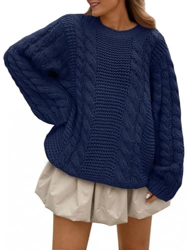 Trendy Queen Oversized Sweaters Womens 2026 Fall Fashion Coastal Grandma Outfits Cable Knit Plus Size Pullover Cute Cozy Cotton Chunky Long Tunic Winter Clothing Old Money Quiet Luxury Clothes Navy - Image 1