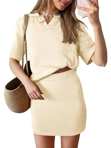 Tankaneo Womens 2 Piece Skirt Sets Short Sleeve V Neck Knit Polo Shirts Mini Skirts Summer Beach Vacation Outfits Lounge Sets - Image 1