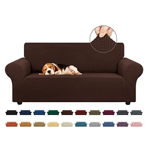 KEKUOU Stretch Loveseat Sofa Cover Slipcover,Couch Covers for 2 Cushion Couch Sofa (55"-78") Furniture Protector Sofa with Elastic Bottom for Kids,Dog. Jacquard Small Checked (Medium,Chocolate) - Image 1