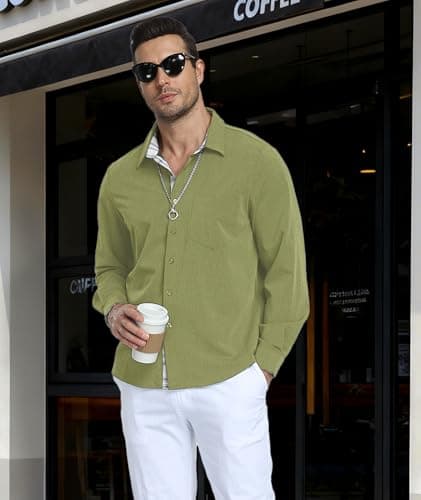 YTD Long Sleeve Button Down Shirt for Men, Untucked Regular Fit Dress Shirt - Thumbnail 3