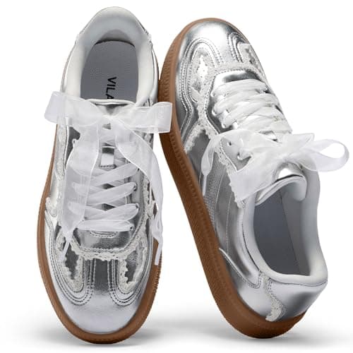 Vilanva Women's Lace Detail Fashion Sneakers Comfortable Casual Dress Sneakers with Retro Gum Sole Walking Trendy Footwear - Image 1