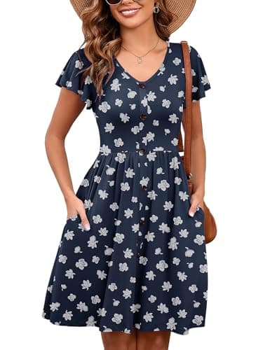 Heymoments Women Summer Dress Flower Bud X-Large Ruffle Sleeve V Neck Casual Cute Loose Sundress Comfy Swing Button Down Midi Work Flowy Tunic Ladies Beach Vacation Teacher Dresses with Pockets - Image 1