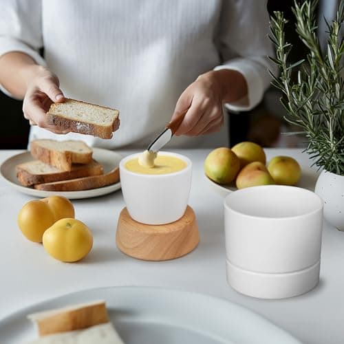 French Butter Dish,Samseel Porcelain Butter Crock with Water Line and Thick Wooden Lid, a Countertop Butter Keeper for Spreadable,Bright White - Thumbnail 6