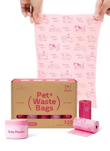 Pikoto Dog Poop Bags Rolls, 320 Count (20 Refills) - 60% Recycled Plastic Baby Powder Scented - Leak Proof, Extra Thick Waste Bag with Easy-Peel Sticker (Pink) - Image 1