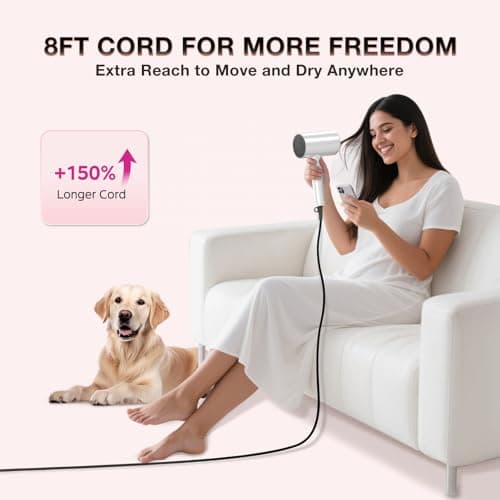 Blow Dryer with Diffuser, 1875W Fast-Drying, Foldable, Ionic Turbo Hair Dryer with Diffuser & Concentrator Nozzle, Compact, 3 Heat & 2 Speed Settings, 8FT Cord for Home Salon, White - Thumbnail 6