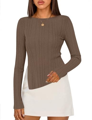 MEROKEETY Women's Fall Long Sleeve Sweater Tops 2025 Boat Neck Ribbed Asymmetric Lightweight Knit Shirts, Coffee, Large - Image 1