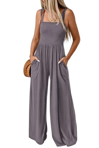 KIRUNDO Womens Jumpsuit 2026 Summer Casual Loose One Piece Overalls Smocked Sleeveless Wide Leg Rompers With Pockets(Grey, Large) - Image 1