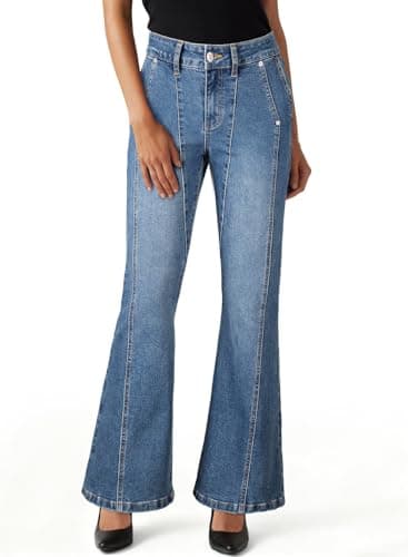 Astylish Womens 2026 High Waisted Fitted Wide Leg Jeans Trendy Casual Slanted Pocket Retro Seam Flare Jeans Sky Blue 12 - Thumbnail 4