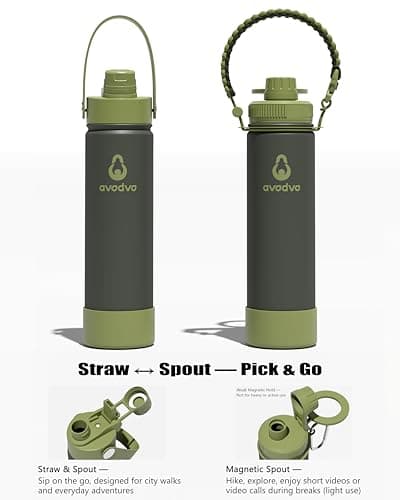 avodvo 20 oz Insulated Water Bottle with 2 Lids (2-in-1 Straw & Spout Lid, Magnetic Lid), Slim Water Bottle with Strap, Stainless Steel Water Bottle for School, PA-Free, Army Green - Thumbnail 3