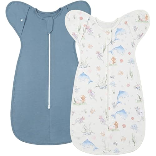 ANYEDDE 2-Pack Baby Transitional Swaddle Sleep Sack - Arms Up Swaddle 6-9 Months for Baby Boys, Newborn Sacks with Cuff Removable & 2-Way Zipper, Blue Dolphin Cotton Sleep Sack - Image 1