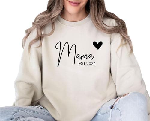 ROSLILY Personalized Mama Est 2024 Shirts for Women Custom Mom Sweatshirt Hoodie with Kid Name on Sleeve Pullover Tops Gifts for New Mom Dad Mother's Day Father's Day Birthday, 3XL - Image 1