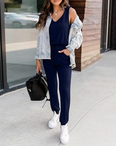 KIRUNDO Women 2026 Summer Jumpsuits Casual Sleeveless Drawstring Elastic Waist Romper Vacation Cruise Airport Travel Outfits(Navy, Small) - Thumbnail 4