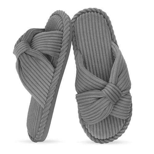 IPSAE House Slippers for Woman Memory Foam Open Toe Slippers Corduroy Cross Bow Womens Slipper Slides Comfy Indoor Bedroom Slip On Shoes - Image 1