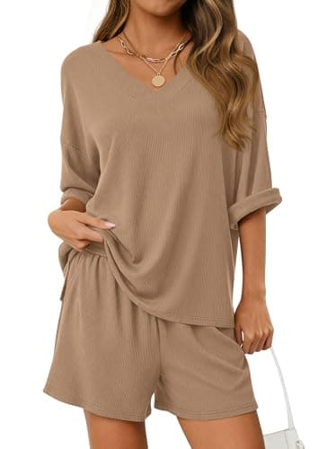 PRETTYGARDEN Womens 2 Piece Sets 2026 Oversized Vneck Half Sleeve Tops Shorts Lounge Set Casual Summer Travel Beach Outfits (Khaki,X-Large) - Image 1