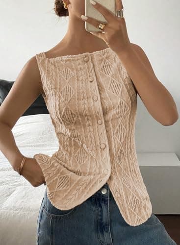 BLENCOT Button Down Vest Tops for Women Sleeveless Slim Fit Knit Vests Suit Stretchy Jacquard Tank Top for Women Fashion 2026 2X-Large - Thumbnail 5