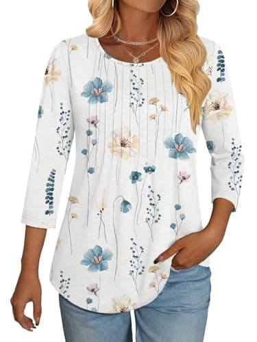 NORACORA 3/4 Length Sleeve Womens Tops Crew Neck Loose Fit Shirts Pleated Cute Clothes Dressy Casual 2026 Summer Tunics White Pink Floral M - Image 1