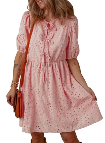Dokotoo Womens Dresses 2026 Cotton Puff Short Sleeve Tie Front V Neck Short Pink Dress A Line Hollow Out Lace Ruffle Cute Dress Elegant Casual Beach Party Dresses Going Out Tops Small - Image 1