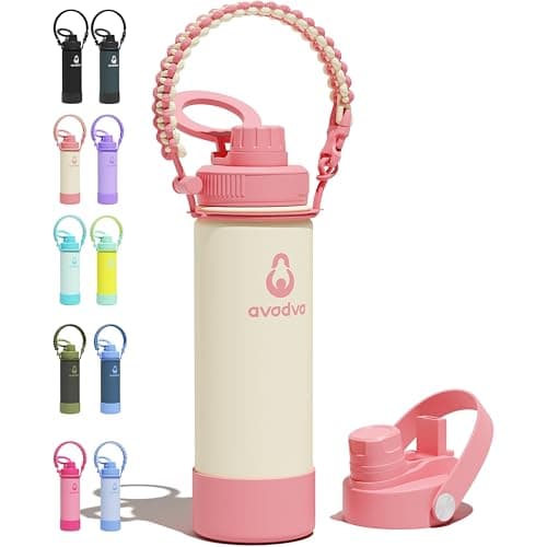 avodvo 18 oz Insulated Water Bottle with 2 Lids (2-in-1 Straw & Spout Lid, Magnetic Lid), Slim Water Bottle with Strap, Stainless Steel Water Bottle for School, PA-Free, Light Pink - Image 1