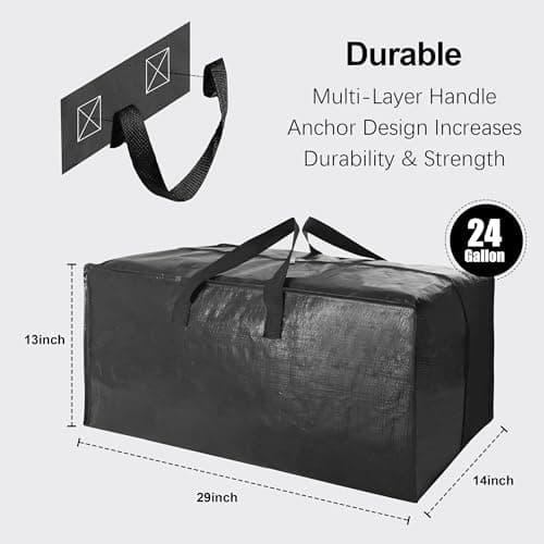 VELVETSURE Heavy Duty Extra Large Moving Bags W/Backpack Straps - Strong Handles & Zippers, Storage Totes For Space Saving, Fold Flat, Alternative to Moving Box and Storage Bin (Set of 6, Black) - Thumbnail 2